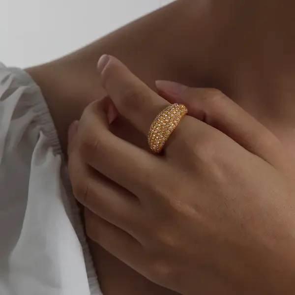 Wholesale 304 Stainless Steel Geometric PVD Coated Rhinestones 18K Gold Plated Real Gold Plated Luxurious Shiny Waterproof Non Tarnish Plating Inlay Gold Silver Rings