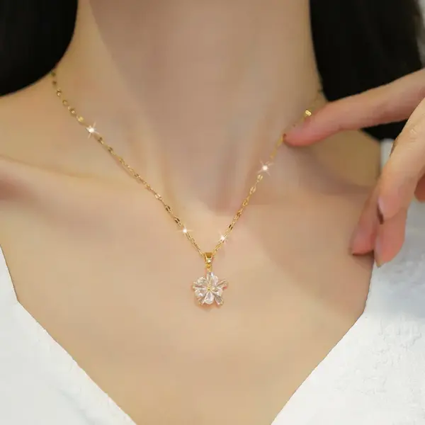 Wholesale Golden Plated 304 Stainless Steel Electroplating Zircon Flower Sweet Earrings Necklace For Women'S
