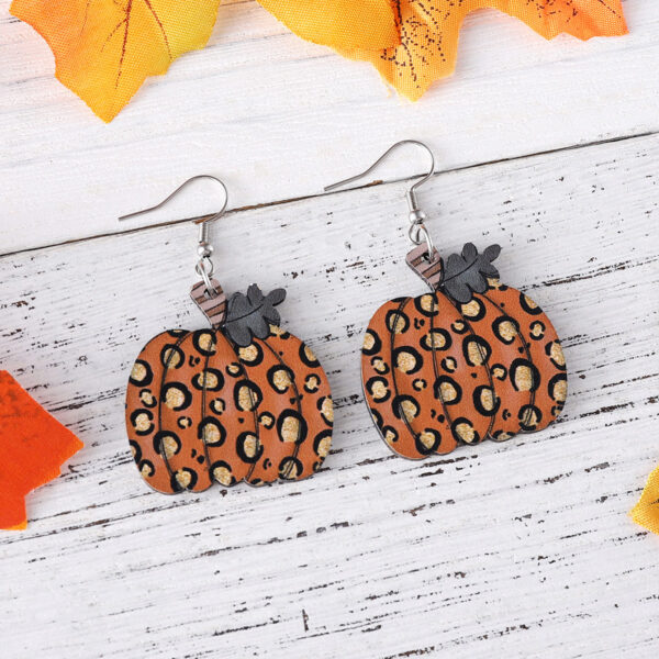 Wholesale Thanksgiving Leopard Print Pumpkin Pendant Wooden Double-Sided Earrings