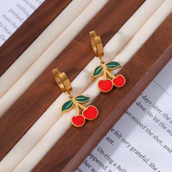 Wholesale Jewelry Elegant Sweet Cherry 304 Stainless Steel 18K Gold Plated Exy Inlay Jewelry Set