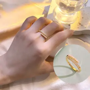 Gold Pearl Zircon Double Row Ring