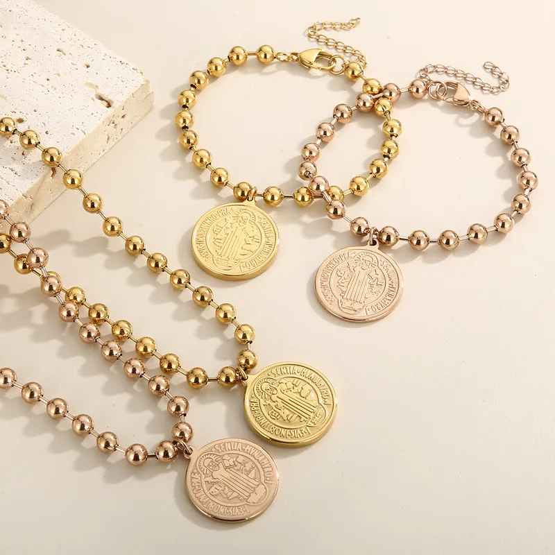 Wholesale PVD Coated 18K Gold Plated Human Round Stainless Steel Titanium Steel Simple Style Waterproof Non Tarnish Bracelets Necklace