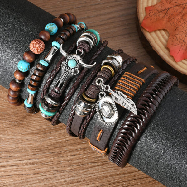 Wholesale Cross-border New Products European and American Retro Style Cowboy Hat Feather Niutou Multi-layer Stretch Rope Handmade Men's Leather Bracelet