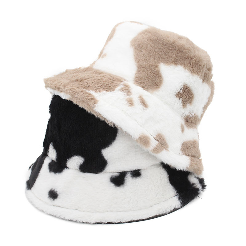 Wholesale Cross-border bucket milk cow pattern plush vintage fisherman hat autumn and winter thickened warm hat Korean style women's all-match basin h