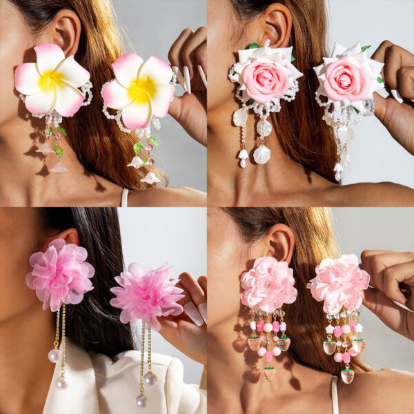 Wholesale Fabric flower tassel beaded earrings