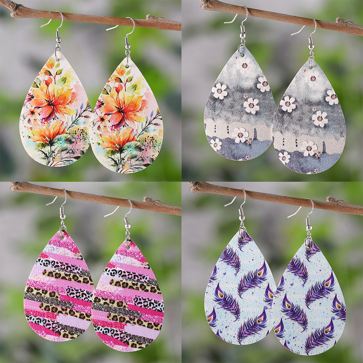 Wholesale Fresh leaf flower leopard print feather earrings leather op earrings