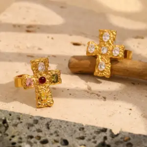Wholesale PVD Coated Real Gold Plated Cross 304 Stainless Steel Retro Streetwear Waterproof Non Tarnish Rings