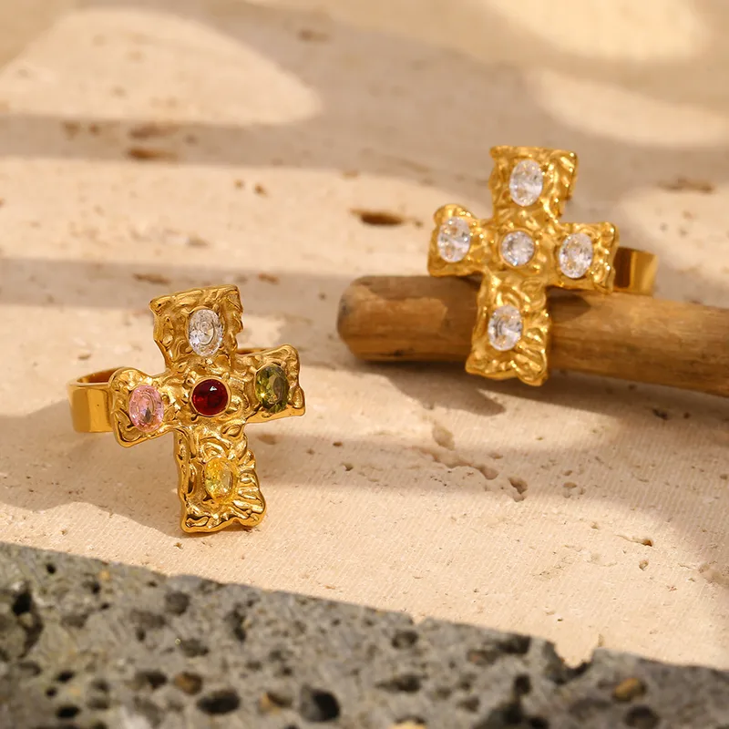 Wholesale PVD Coated Real Gold Plated Cross 304 Stainless Steel Retro Streetwear Waterproof Non Tarnish Rings