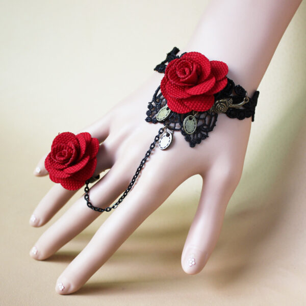 Wholesale Retro Gothic Punk Bracelet Lace Rose Bracelet with Ring Fashionable Burgundy Flower Lace Bracelet
