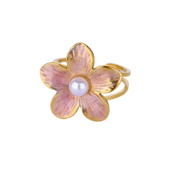 Wholesale Stainless Steel Colorful Flower Ring For Women 18K Gold Plated Elegant Pearl Embedded Adjustable Open Mouth Finger Ring