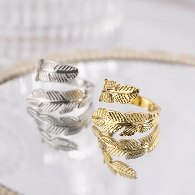 Wholesale Real Gold Plated 201 Stainless Steel PVD Coated Leaf Waterproof Non Tarnish Fashion Open Ring For Women'S