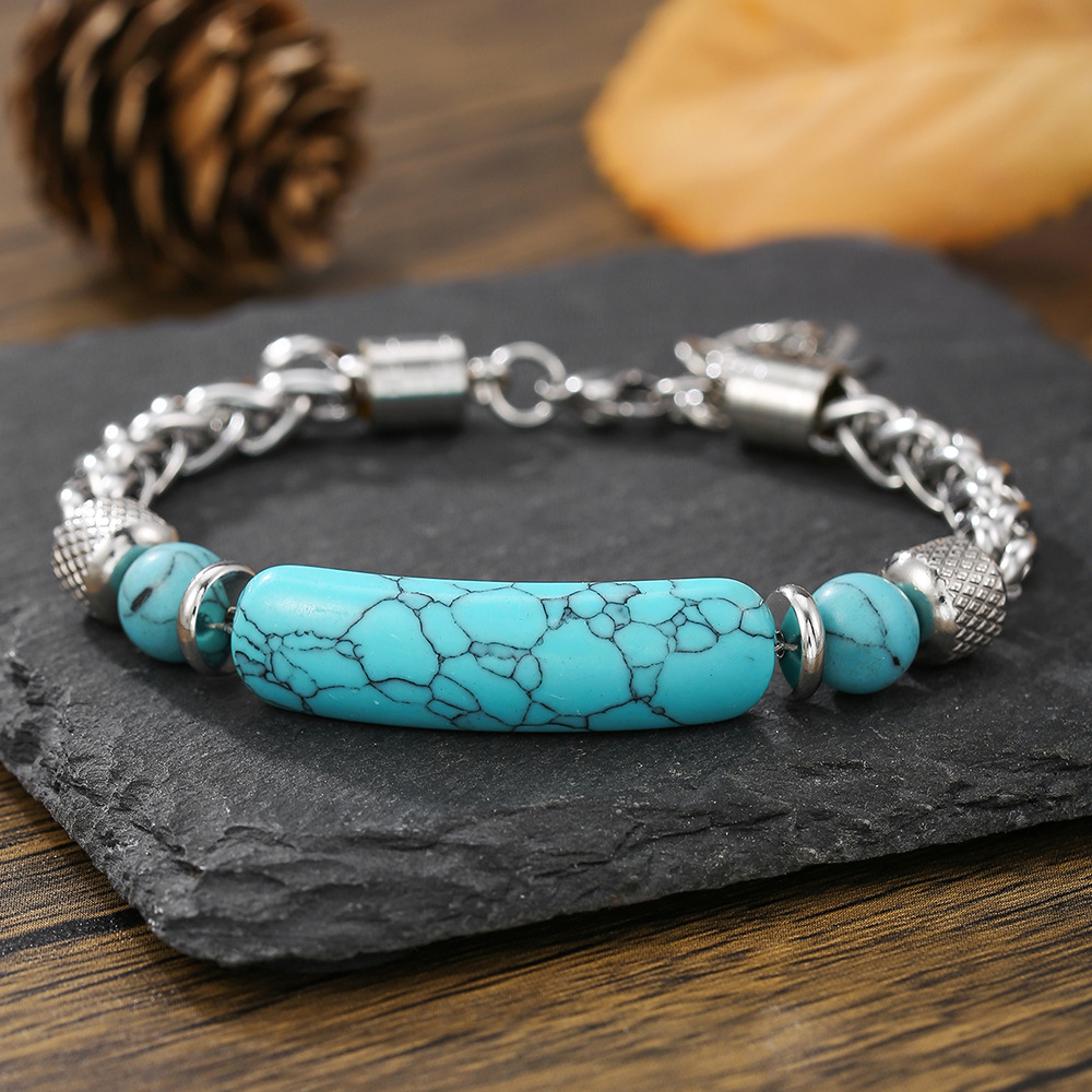 Wholesale Europe and the United States hot-selling bridge turquoise bracelet vintage stainless steel chain ing turquoise titanium steel men's bracelet