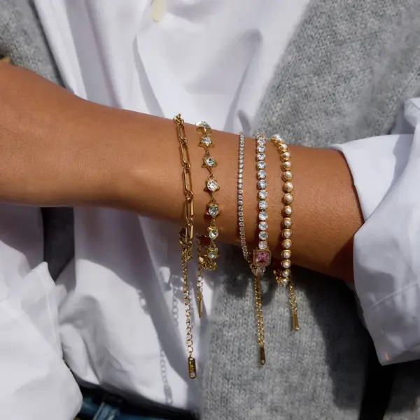 Wholesale Women - Classic Style / 18K Gold 304 Stainless Steel + High Gloss Pearl / High Gloss Pearl Bracelet Combination Plated With 18K Real Gold Vacuum Electroplating (In Furnace) Zircon Geometric Handmade Chain Waterproof Non-Fading