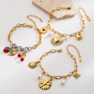 Wholesale European and American Style Fashion Titanium Steel Bracelet Women's Simple Flower Cherry Strawberry Love Pendant Stainless Steel Bracelet