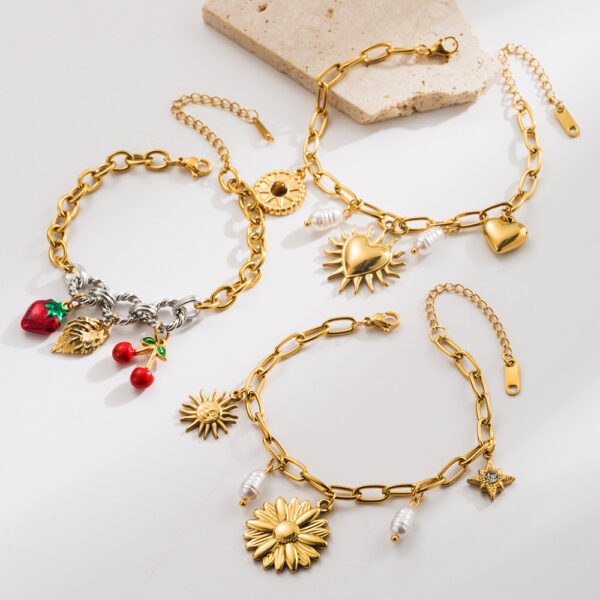 Wholesale European and American Style Fashion Titanium Steel Bracelet Women's Simple Flower Cherry Strawberry Love Pendant Stainless Steel Bracelet