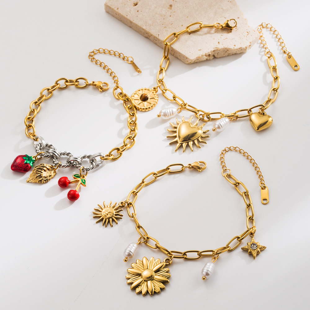 Wholesale European and American Style Fashion Titanium Steel Bracelet Women's Simple Flower Cherry Strawberry Love Pendant Stainless Steel Bracelet