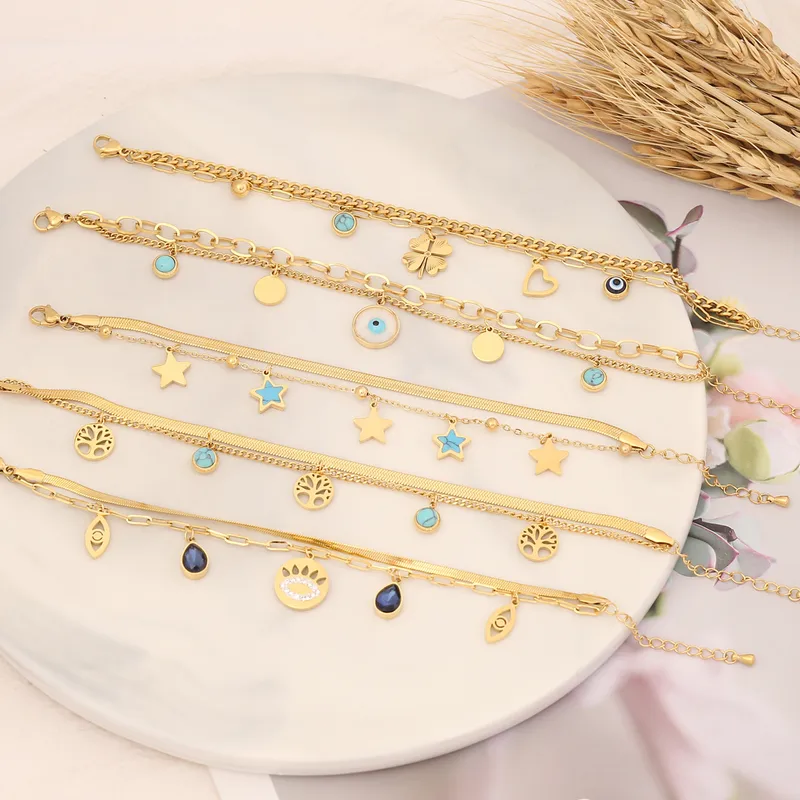 Wholesale Fashion Star Heart Shape Eye Stainless Steel Bracelets Layered Turquoise Stainless Steel Bracelets 1 Piece