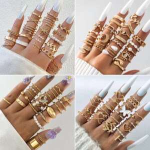 Wholesale European and American Cross-Border Fashion Versatile Leaf Love Ring Set Geometric Stacked Joint Pearl Ring Multi-Piece Set