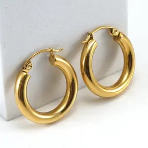 PVD Coated 18K Gold Plated Round 304 Stainless Steel Titanium Steel Fashion Waterproof Non Tarnish Hoop Earrings