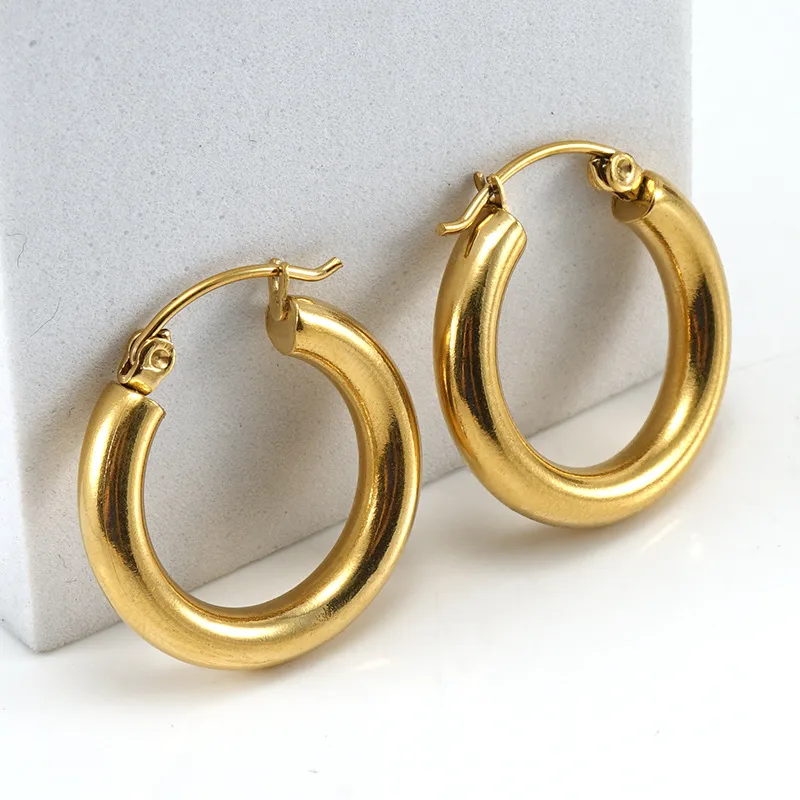 Wholesale PVD Coated 18K Gold Plated Round 304 Stainless Steel Titanium Steel Fashion Waterproof Non Tarnish Hoop Earrings