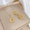 Wholesale Sweet Flower Titanium Steel Copper Plating Inlay Artificial Gemstones Gold Plated Earrings Necklace