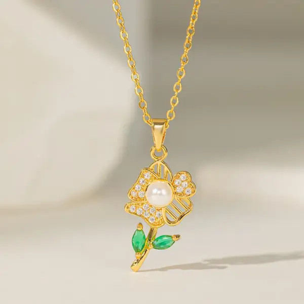 304 Stainless Steel 18K Gold Plated Casual Simple Style Commute Polishing Inlay Starfish Dolphin Flower Acrylic Artificial Rhinestones Pearl Pendant Necklace