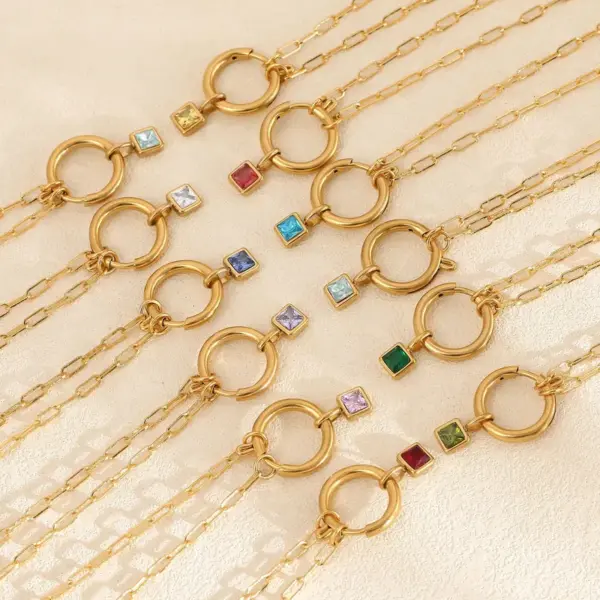 Wholesale Fashion Colorful Zodiac Stone Square Pendant Micro Inlaid Zircon Pin Stainless Steel Necklace Unisex Geometric Pattern Jewelry