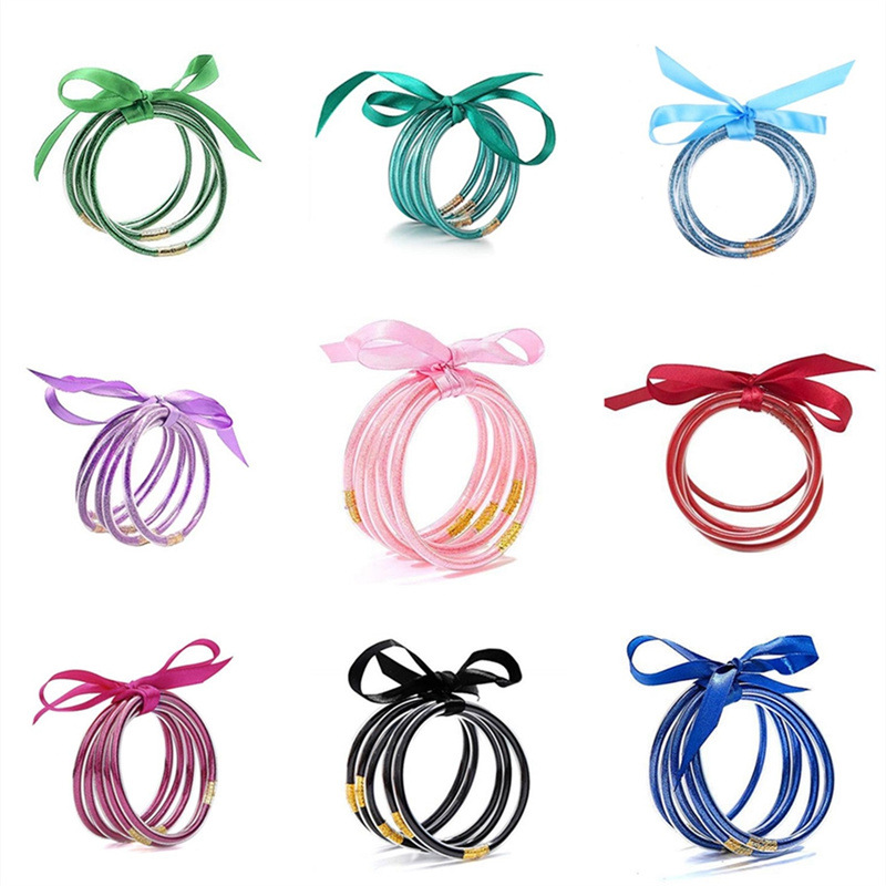 Wholesale Multi-layer silicone rainbow glitter bow bracelet