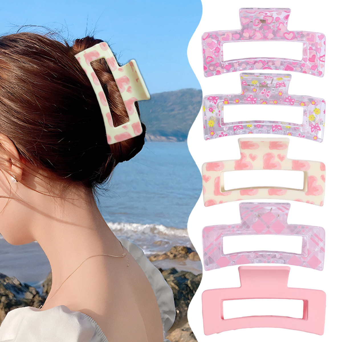 Wholesale Heart Print Summer Heat Square Hair Shark Clip