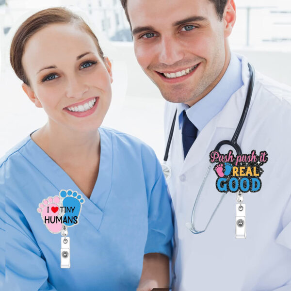 Wholesale Medical Acrylic Glitter Footprint Baby C Bottle Telescopic Easy Pull Buckle Rotating Easy Pull Nurse Badge Clip