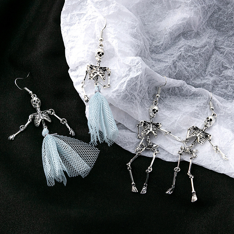 Wholesale Amazon hot selling skeleton earrings European and American humanoid skull earrings blue mesh punk earrings for women