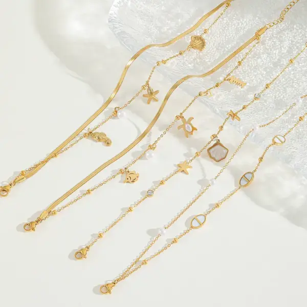 Wholesale Jewelry Casual Cute Beach Shell Fish 304 Stainless Steel Acrylic Imitation Pearl Zircon 18K Gold Plated Plating Inlay Anklet