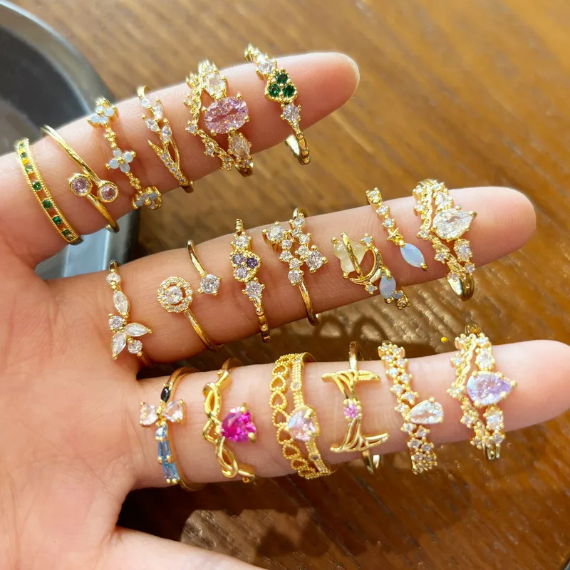 Wholesale Copper 18K Gold Plated Inlay Geometric Zircon Open Rings