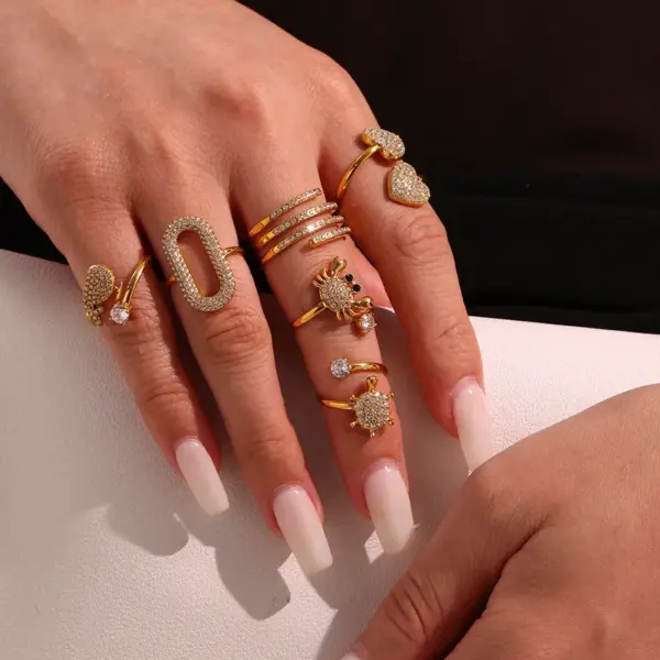 304 Stainless Steel Heart Shape Crab Whale PVD Coated Zircon Real Gold Plated Elegant Beach Shiny Waterproof Non Tarnish Plating Inlay Rings