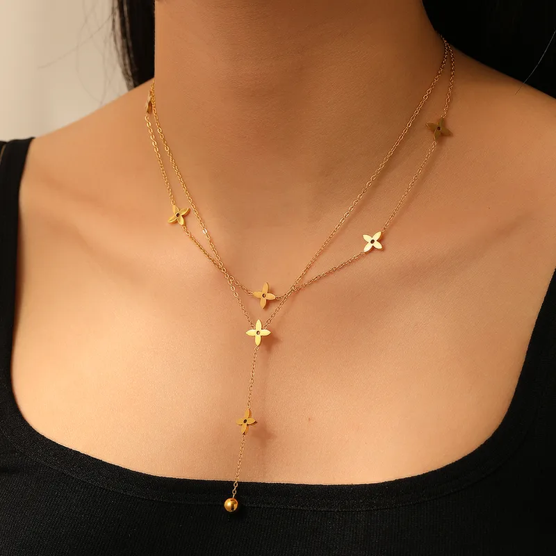 Wholesale 304 Stainless Steel Cross PVD Coated 18K Real Gold Plated Elegant Simple Style Waterproof Non Tarnish Cable Chain Gold Double Layer Necklace