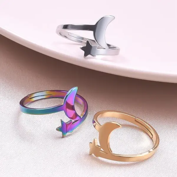 Wholesale PVD Coated Real Gold Plated 18K Gold Star Moon 304 Stainless Steel Casual Waterproof Non Tarnish Open Ring