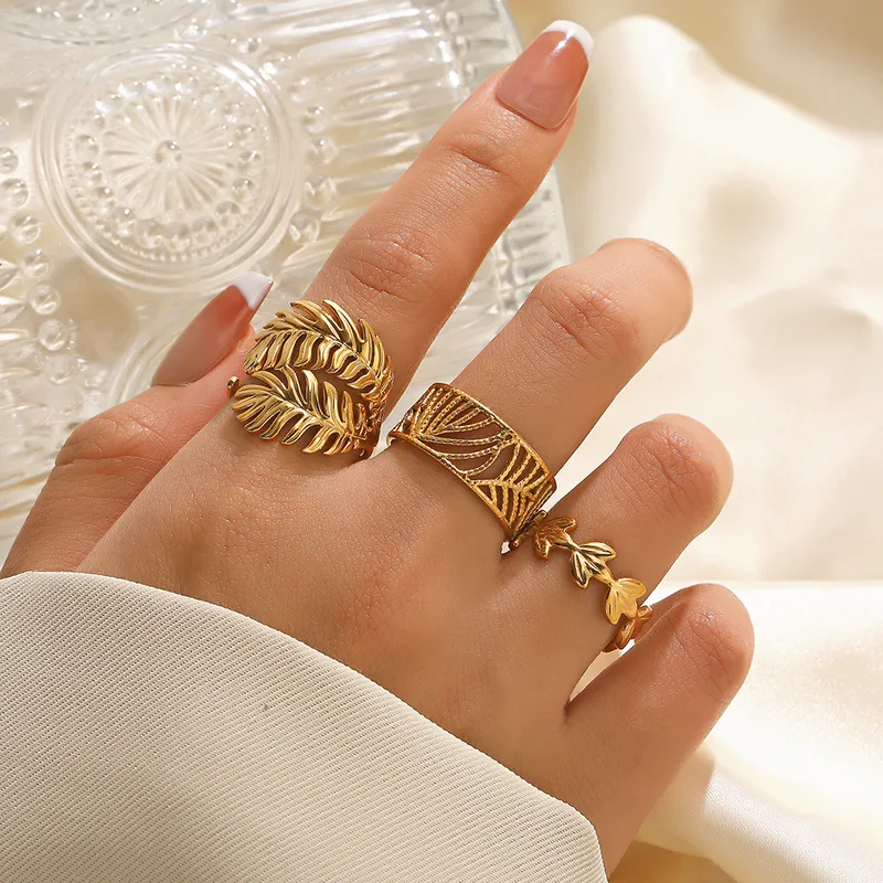 PVD Coated 18K Gold Plated Leaves 304 Stainless Steel IG Style Waterproof Non Tarnish Open Rings