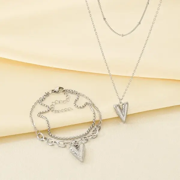 Wholesale Fashionable Minimalist Double Layer Stainless Steel Bead Chain Heart Pendant Splicing Chain Necklace Jewelry Set For Women