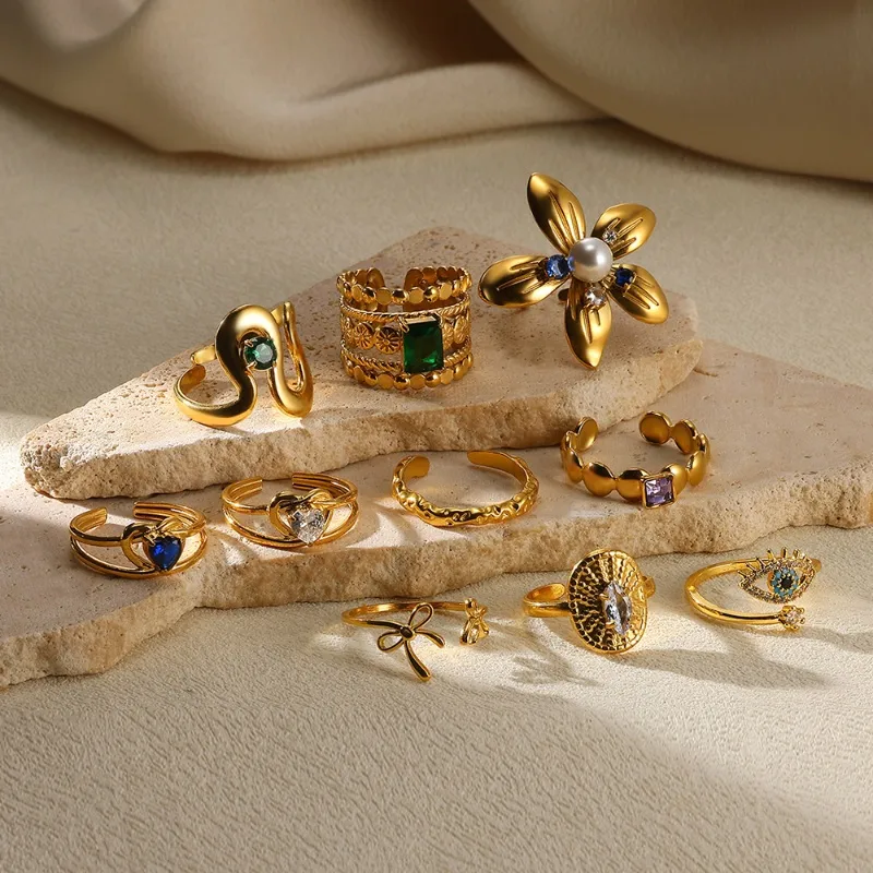 Wholesale PVD Coated Real Gold Plated Geometric Heart Shape Flower 304 Stainless Steel Vintage Style French Style Waterproof Non Tarnish Open Rings