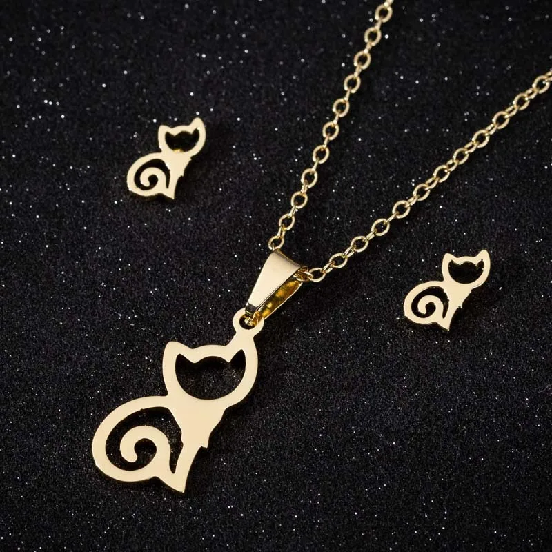 Wholesale PVD Coated 18K Gold Real Gold Plated Cat 201 Stainless Steel Fashion Waterproof Non Tarnish Earrings Necklace