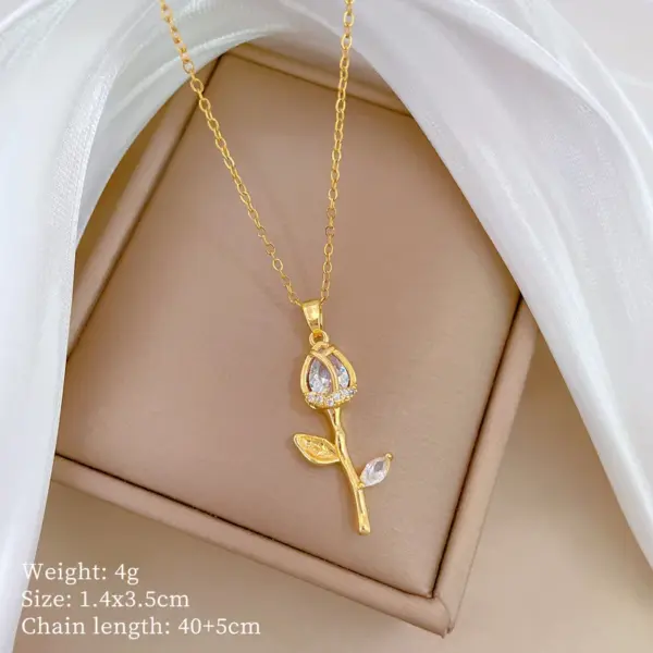 Wholesale Titanium Steel Copper Gold Plated Inlay Tulip Artificial Pearls Zircon Pendant Necklace