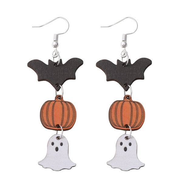 Wholesale Cross Border New Halloween Witch Pumpkin Bat Ghost Pendant Earrings Wooden Double Sided Halloween Earrings Gift