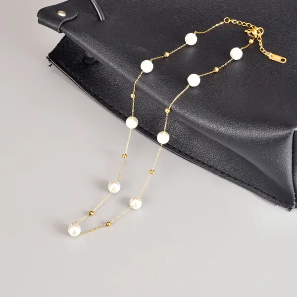 Wholesale 304 Stainless Steel Round PVD Coated Artificial Pearls 18K Real Gold Plated Elegant Waterproof Non Tarnish Beaded Necklace