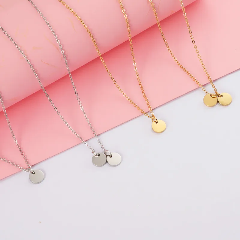 Wholesale PVD Coated Real Gold Plated Round Customization Laser Engraving 304 Stainless Steel Simple Style Waterproof Non Tarnish Pendant Necklace