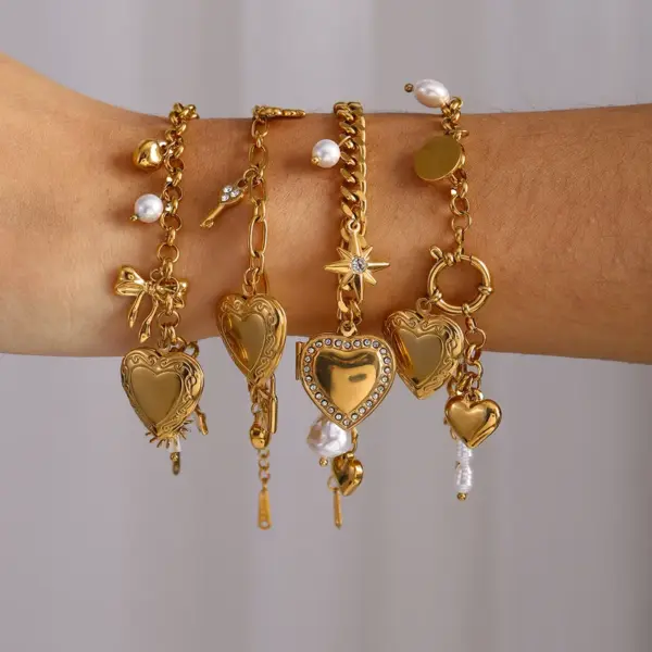 Wholesale 304 Stainless Steel Heart Shape Bow Knot PVD Coated Zircon 18K Real Gold Plated Real Gold Plated Simple Style Classic Style Waterproof Non Tarnish Pearl Inlay Cuban Link Chain Curb Chain Paperclip Chain Belcher Chain Multi Charms Bracelet