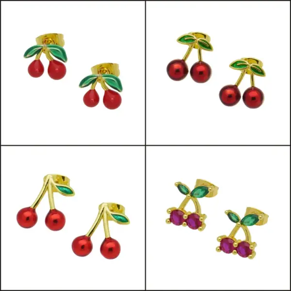 Wholesale 1 Pair IG Style Cherry Enamel Inlay Copper Zircon Ear Studs