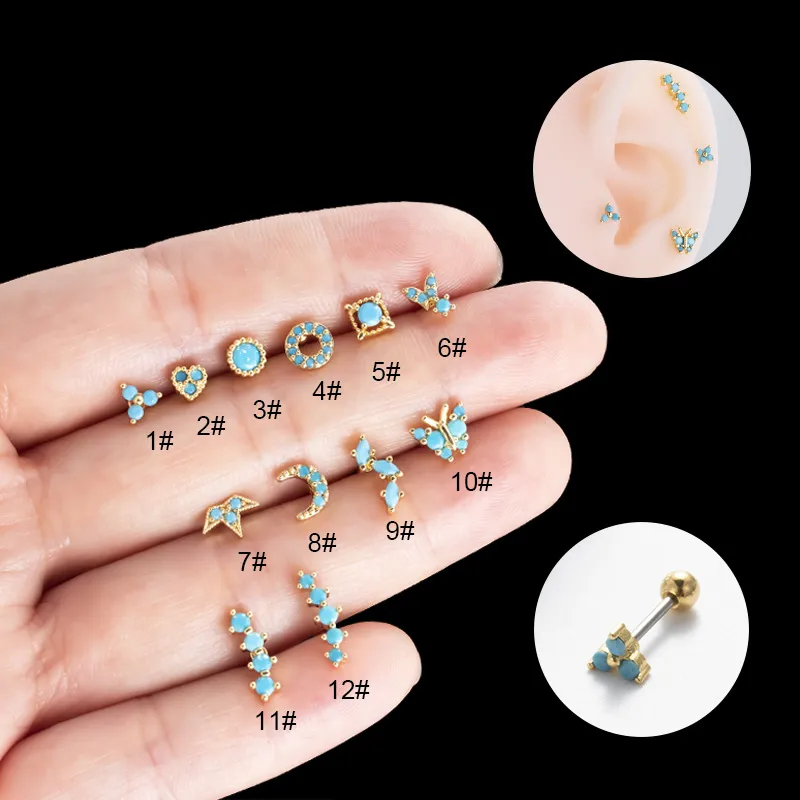Wholesale 1 Piece Copper Zircon Ear Cartilage Rings & Studs Moon Crown Butterfly Waterproof Non Tarnish Surgical Steel Women'S