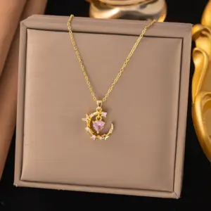 8276 Pink Diamond Love Moon Necklace / Gold