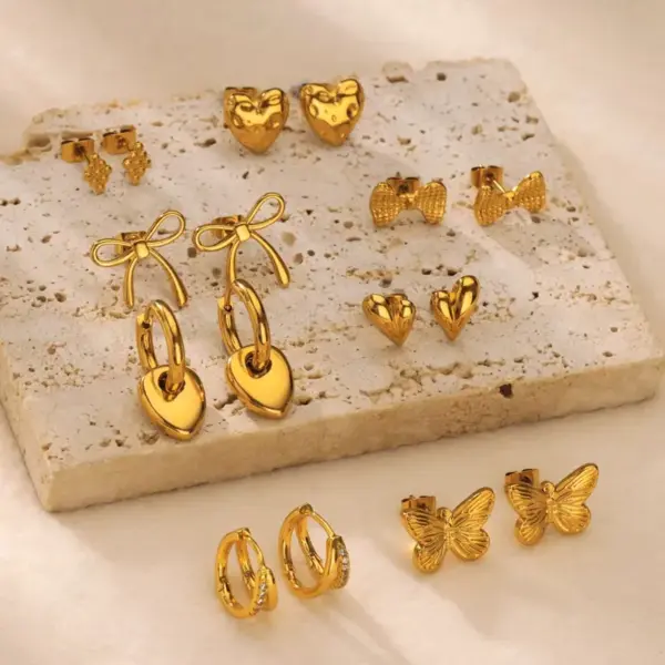 PVD Coated Real Gold Plated 18K Gold Heart Shape Butterfly Bow Knot 304 Stainless Steel IG Style Waterproof Non Tarnish Ear Studs