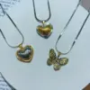 Wholesale Jewelry Elegant Cute Red Heart Butterfly 304 Stainless Steel 18K Gold Plated Casting Pendant Necklace Snake Chain